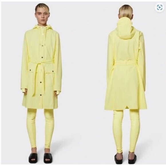 NEW Rains Curve Hooded Waterproof Rain Coat Jacket Yellow Trench coat XL
